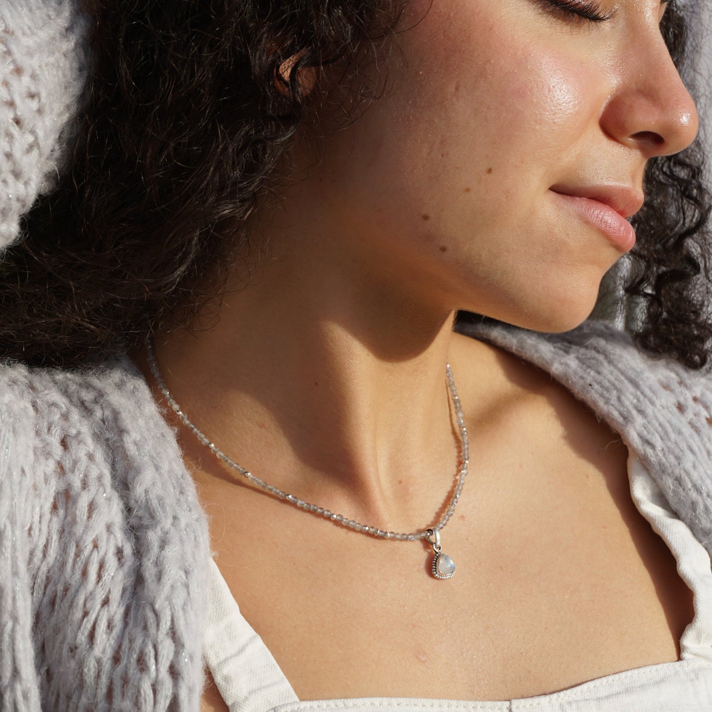 Kette | Labradorit | Silber | Anhänger Regenbogen Mondstein
